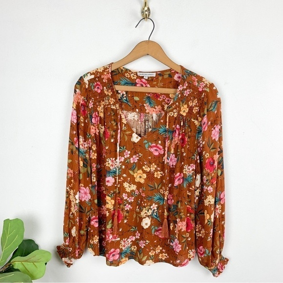 Cupcakes & Cashmere Orange Floral Metallic Stripe Blouse Sz XS - Picture 2 of 9